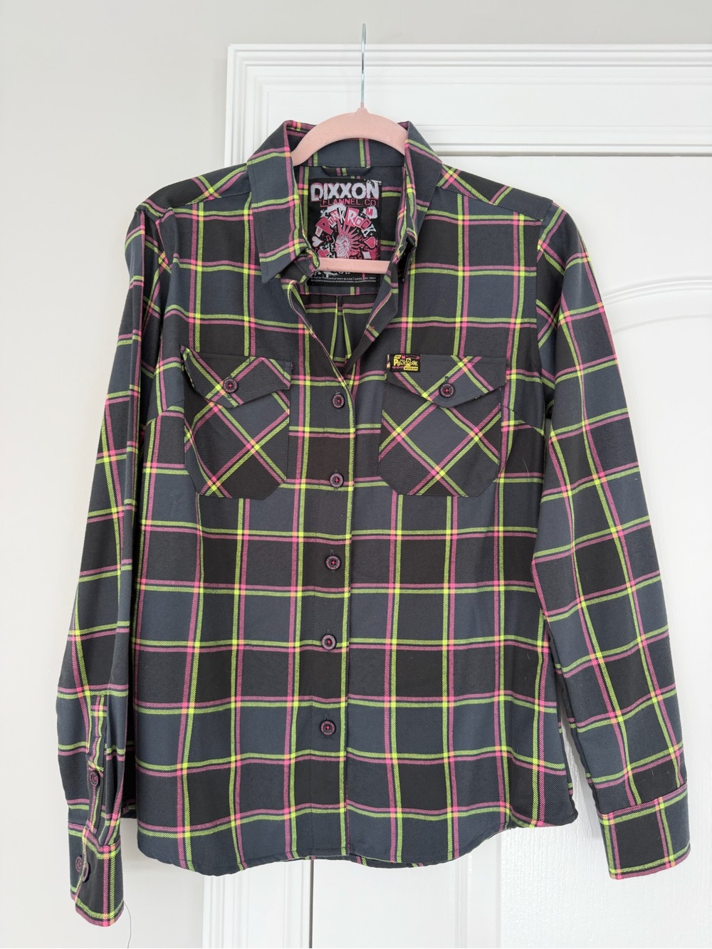 DIXXON Black Plaid Button-Down Shirt with Neon Pink & Green
